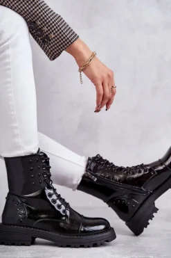 Boto Lakierowane Botki Z Ćwiekami Czarne Palmira