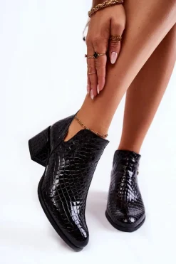 Clearance Boto Lakierowane Botki Z Wycięciami Krokodyli Wzór Czarne Dalros