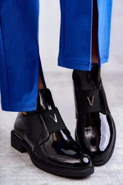 Discount Buty damskie Vinceza Lakierowane Botki Z Wycięciami Na Płaskim Obcasie Czarne Eunice