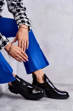 Discount Buty damskie Vinceza Lakierowane Botki Z Wycięciami Na Płaskim Obcasie Czarne Eunice