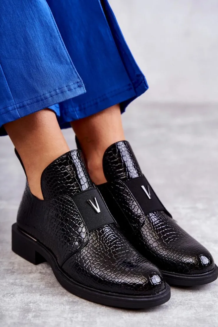 Buty damskie Vinceza Czarne Botki|Botki Zimowe Damskie*Lakierowane Botki Z Wycięciami Na Płaskim Obcasie Czarne Eunice