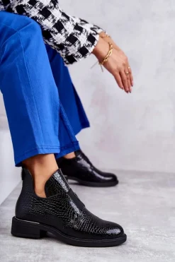 Buty damskie Vinceza Czarne Botki|Botki Zimowe Damskie*Lakierowane Botki Z Wycięciami Na Płaskim Obcasie Czarne Eunice