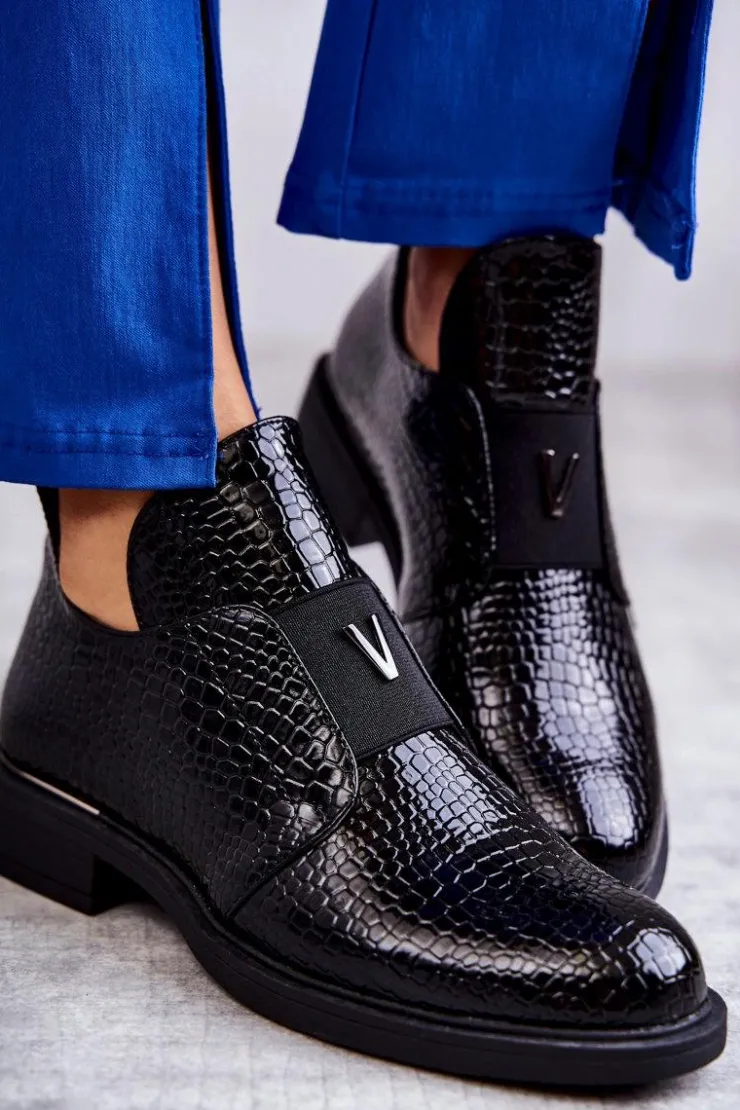 Buty damskie Vinceza Czarne Botki|Botki Zimowe Damskie*Lakierowane Botki Z Wycięciami Na Płaskim Obcasie Czarne Eunice