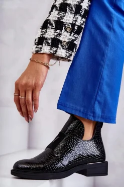 Buty damskie Vinceza Czarne Botki|Botki Zimowe Damskie*Lakierowane Botki Z Wycięciami Na Płaskim Obcasie Czarne Eunice