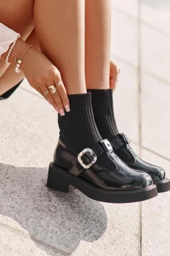 Damskie Damskie buty S.Barski Lakierowane Botki Ze Skarpetą I Klamrą Wsuwane MR880-076 Czarne