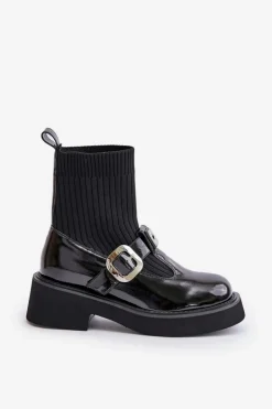 Damskie Damskie buty S.Barski Lakierowane Botki Ze Skarpetą I Klamrą Wsuwane MR880-076 Czarne