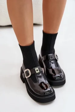 Damskie Damskie buty S.Barski Lakierowane Botki Ze Skarpetą I Klamrą Wsuwane MR880-076 Czarne
