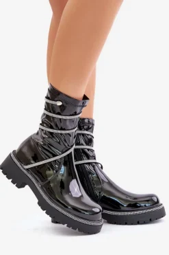 Damskie Boto Lakierowane Botki Ze Zdobieniem Czarne Kikizelle