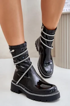 Damskie Boto Lakierowane Botki Ze Zdobieniem Czarne Kikizelle