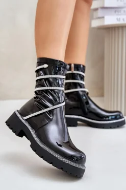 Damskie Boto Lakierowane Botki Ze Zdobieniem Czarne Kikizelle