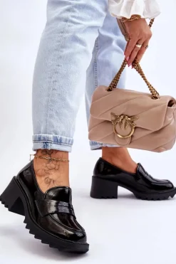 Discount Damskie buty S.Barski Lakierowane Czółenka Mokasyny Na Obcasie Czarne Jay