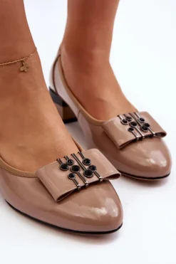 Outlet Buty damskie Vinceza Lakierowane Czółenka Na Klocku Beżowe Ilvanna