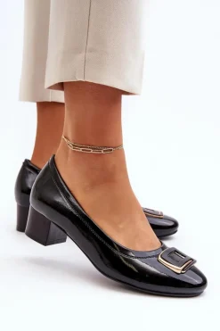 Sale Buty damskie Vinceza Lakierowane Czółenka Na Klocku Z Ozdobą Czarne Enollia
