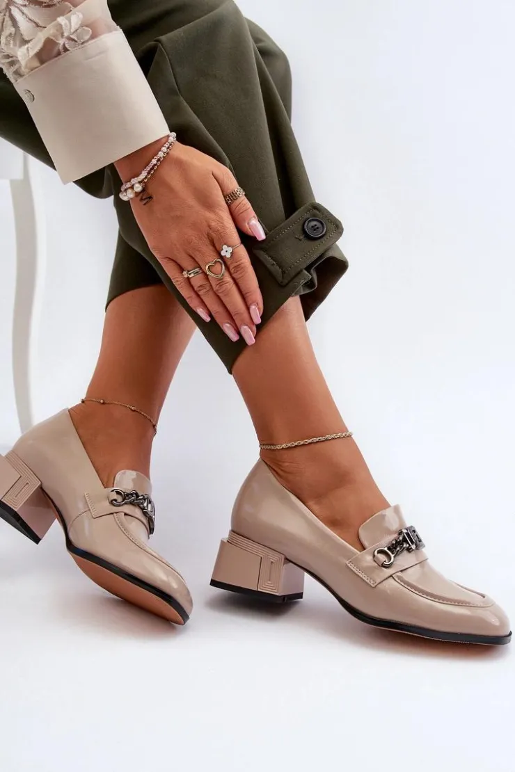 Damskie buty S.Barski Czółenka Klasyczne*Lakierowane Czółenka Na Klocku Beżowe S.Barski MR38-960