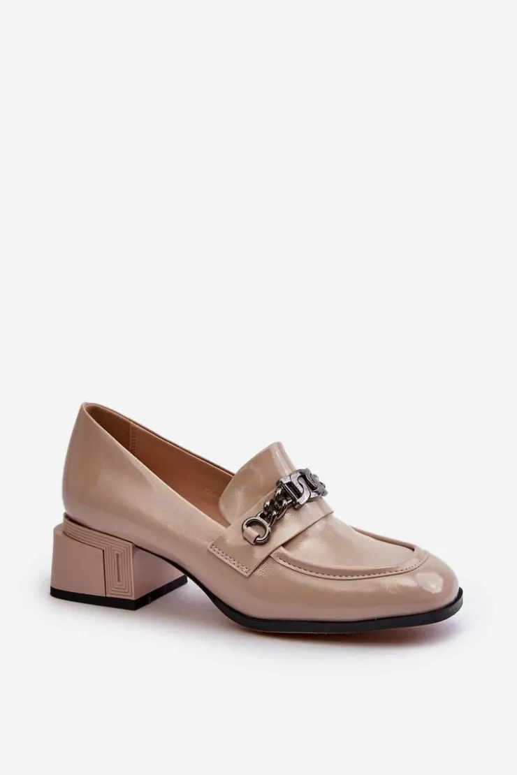 Damskie buty S.Barski Czółenka Klasyczne*Lakierowane Czółenka Na Klocku Beżowe S.Barski MR38-960