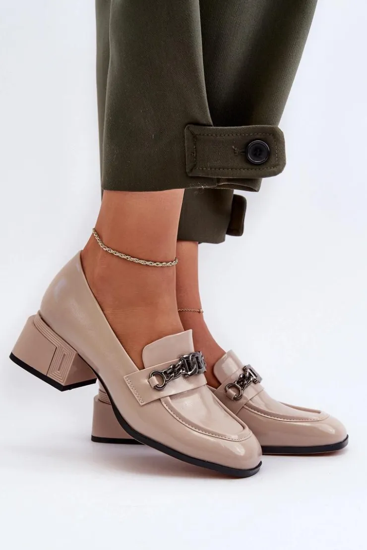 Damskie buty S.Barski Czółenka Klasyczne*Lakierowane Czółenka Na Klocku Beżowe S.Barski MR38-960