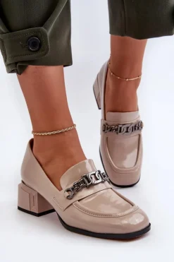 Damskie buty S.Barski Czółenka Klasyczne*Lakierowane Czółenka Na Klocku Beżowe S.Barski MR38-960