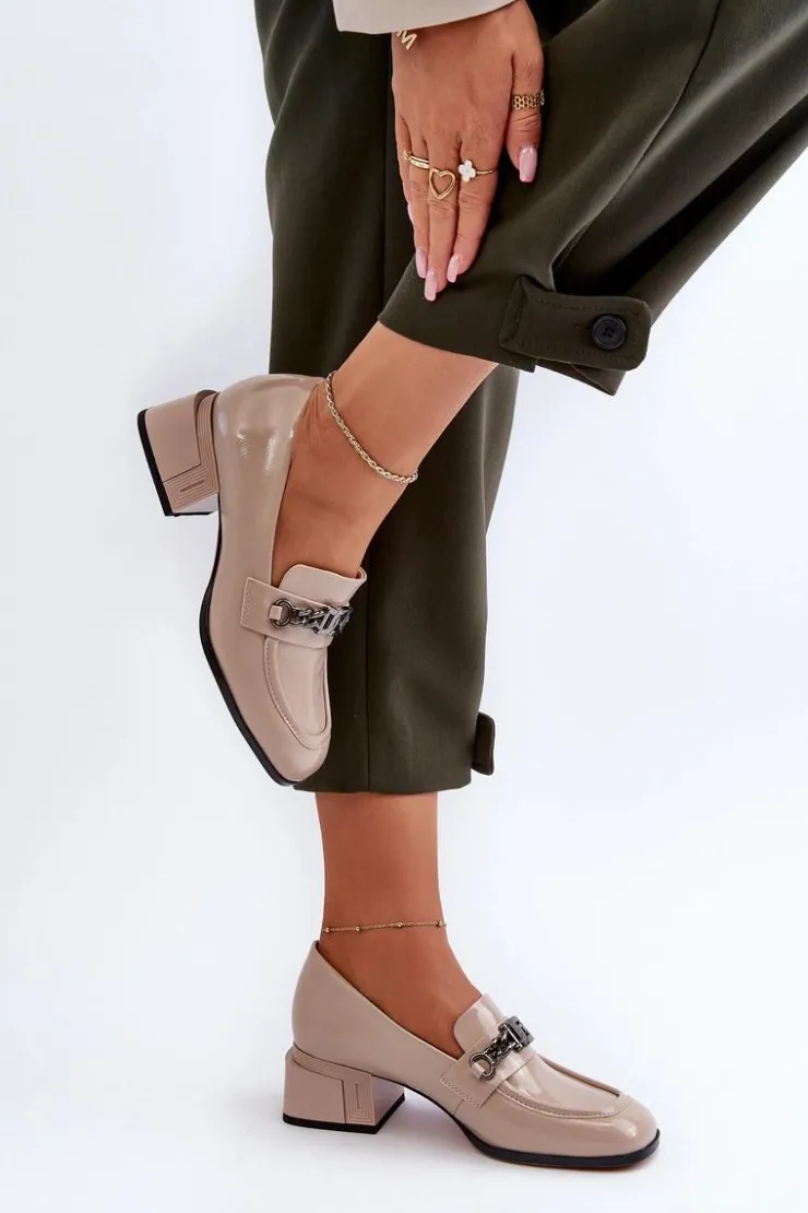 Damskie buty S.Barski Czółenka Klasyczne*Lakierowane Czółenka Na Klocku Beżowe S.Barski MR38-960