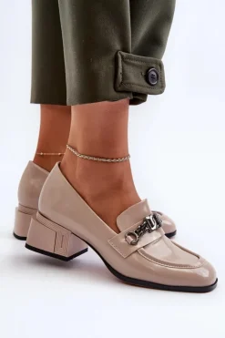 Damskie buty S.Barski Czółenka Klasyczne*Lakierowane Czółenka Na Klocku Beżowe S.Barski MR38-960