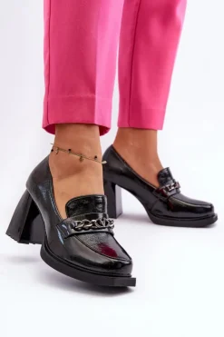 Buty damskie Vinceza Lakierowane Czółenka Na Masywnym Obcasie Czarne Terimene Czarny