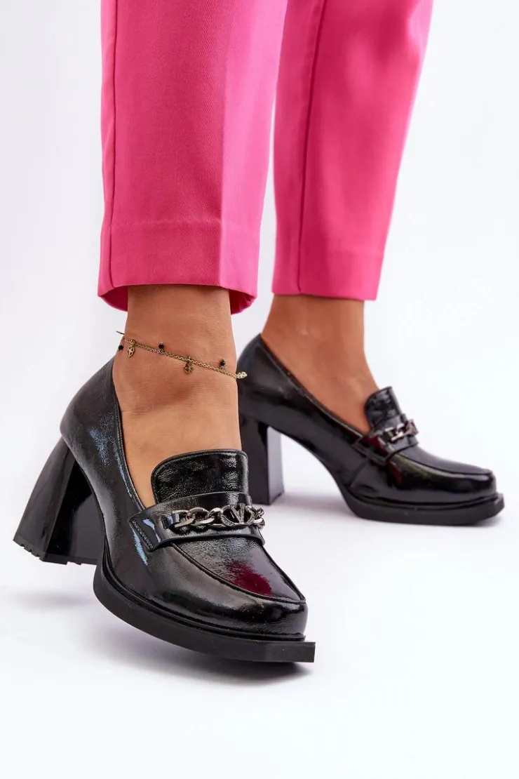 Buty damskie Vinceza Lakierowane Czółenka Na Masywnym Obcasie Czarne Terimene Czarny