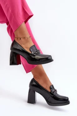 Buty damskie Vinceza Lakierowane Czółenka Na Masywnym Obcasie Czarne Terimene Czarny