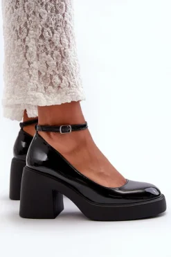 Damskie Boto Lakierowane Czółenka Na Masywnym Obcasie Czarne Effiba