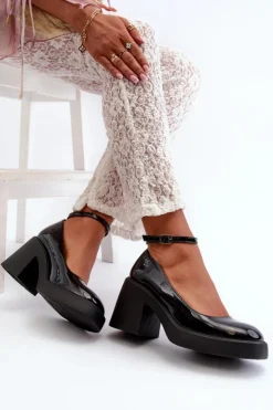 Damskie Boto Lakierowane Czółenka Na Masywnym Obcasie Czarne Effiba