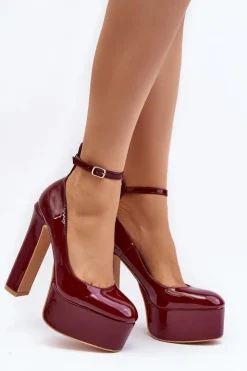 New Boto Lakierowane Czółenka Na Masywnej Platformie I Słupku Bordowe Ninames