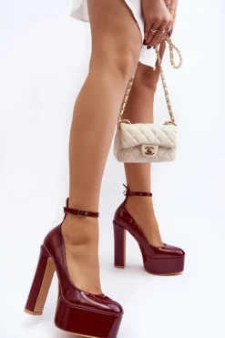 New Boto Lakierowane Czółenka Na Masywnej Platformie I Słupku Bordowe Ninames