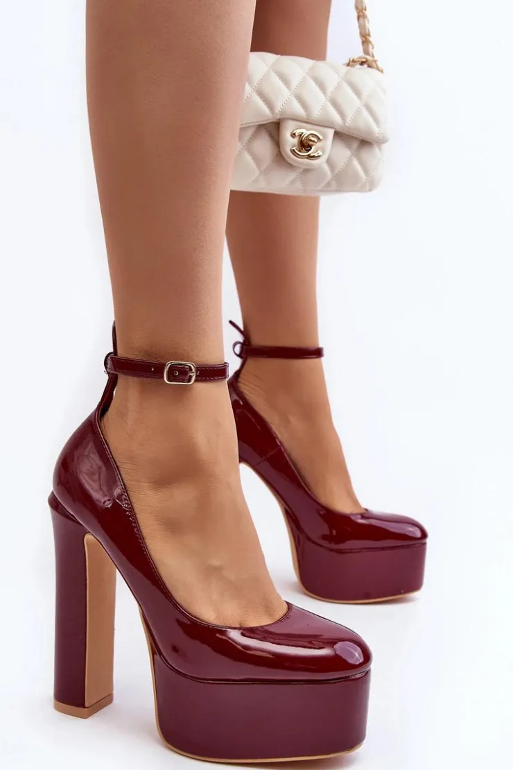 New Boto Lakierowane Czółenka Na Masywnej Platformie I Słupku Bordowe Ninames