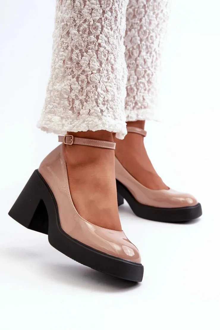 Boto Czółenka Na Platformie|Czółenka Na Słupku*Lakierowane Czółenka Na Masywnym Obcasie Ciemnobeżowe Effiba