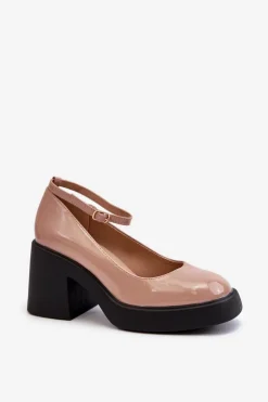 Boto Czółenka Na Platformie|Czółenka Na Słupku*Lakierowane Czółenka Na Masywnym Obcasie Ciemnobeżowe Effiba