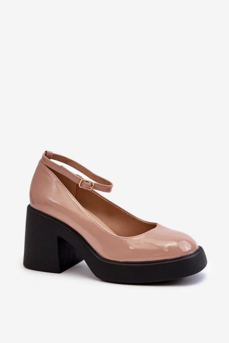 Boto Czółenka Na Platformie|Czółenka Na Słupku*Lakierowane Czółenka Na Masywnym Obcasie Ciemnobeżowe Effiba