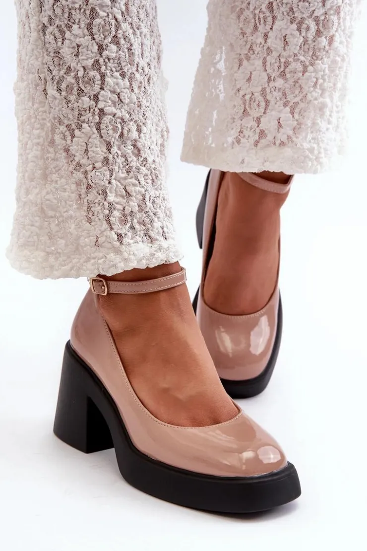 Boto Czółenka Na Platformie|Czółenka Na Słupku*Lakierowane Czółenka Na Masywnym Obcasie Ciemnobeżowe Effiba