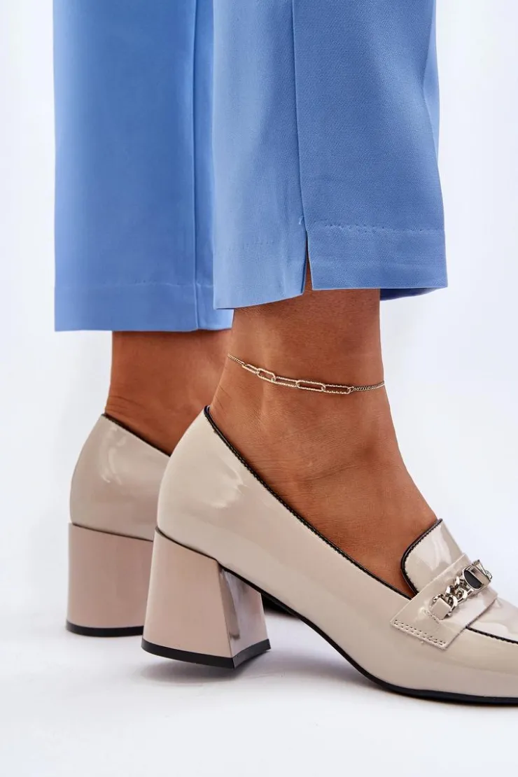 Buty damskie Vinceza Czółenka Na Słupku|Czółenka Klasyczne*Lakierowane Czółenka Na Niskim Obcasie Z Ozdobą Beżowe Makki