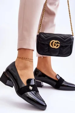 Damskie Buty damskie Vinceza Lakierowane Czółenka Na Niskim Obcasie Z Ozdobą Czarne Doria