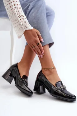 Damskie Buty damskie Vinceza Lakierowane Czółenka Na Niskim Obcasie Z Ozdobą Czarne Makki