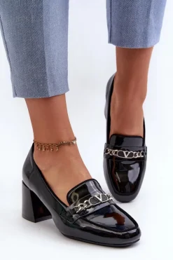 Damskie Buty damskie Vinceza Lakierowane Czółenka Na Niskim Obcasie Z Ozdobą Czarne Makki