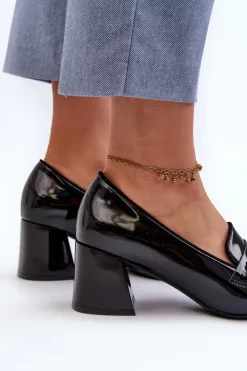 Damskie Buty damskie Vinceza Lakierowane Czółenka Na Niskim Obcasie Z Ozdobą Czarne Makki