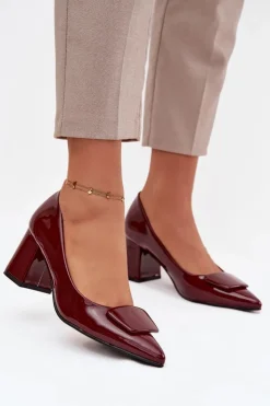 Damskie Boto Lakierowane Czółenka Na Słupku Z Ozdobą Bordowe Isoline