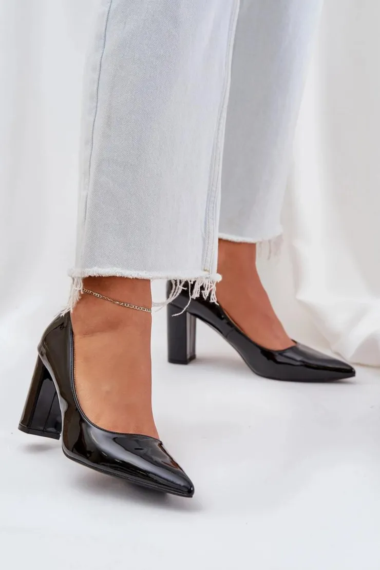 Boto Czółenka Klasyczne*Lakierowane Czółenka Na Słupkowym Obcasie Czarne Kilanne Czarny