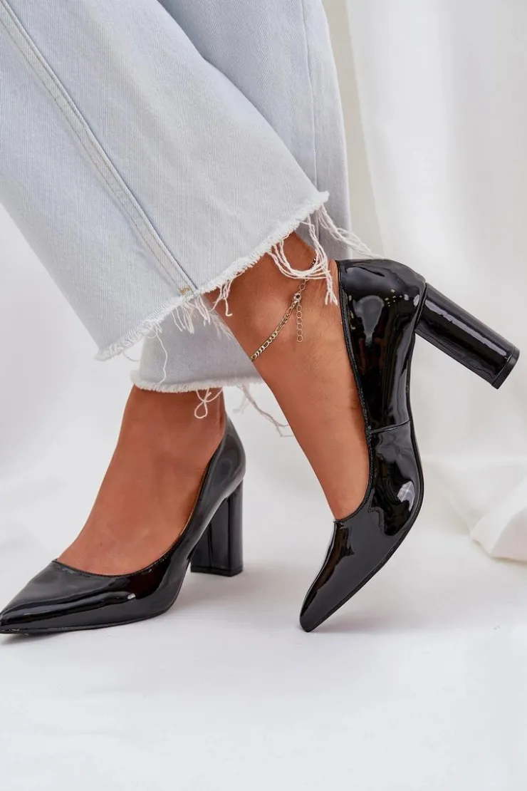 Boto Czółenka Klasyczne*Lakierowane Czółenka Na Słupkowym Obcasie Czarne Kilanne Czarny