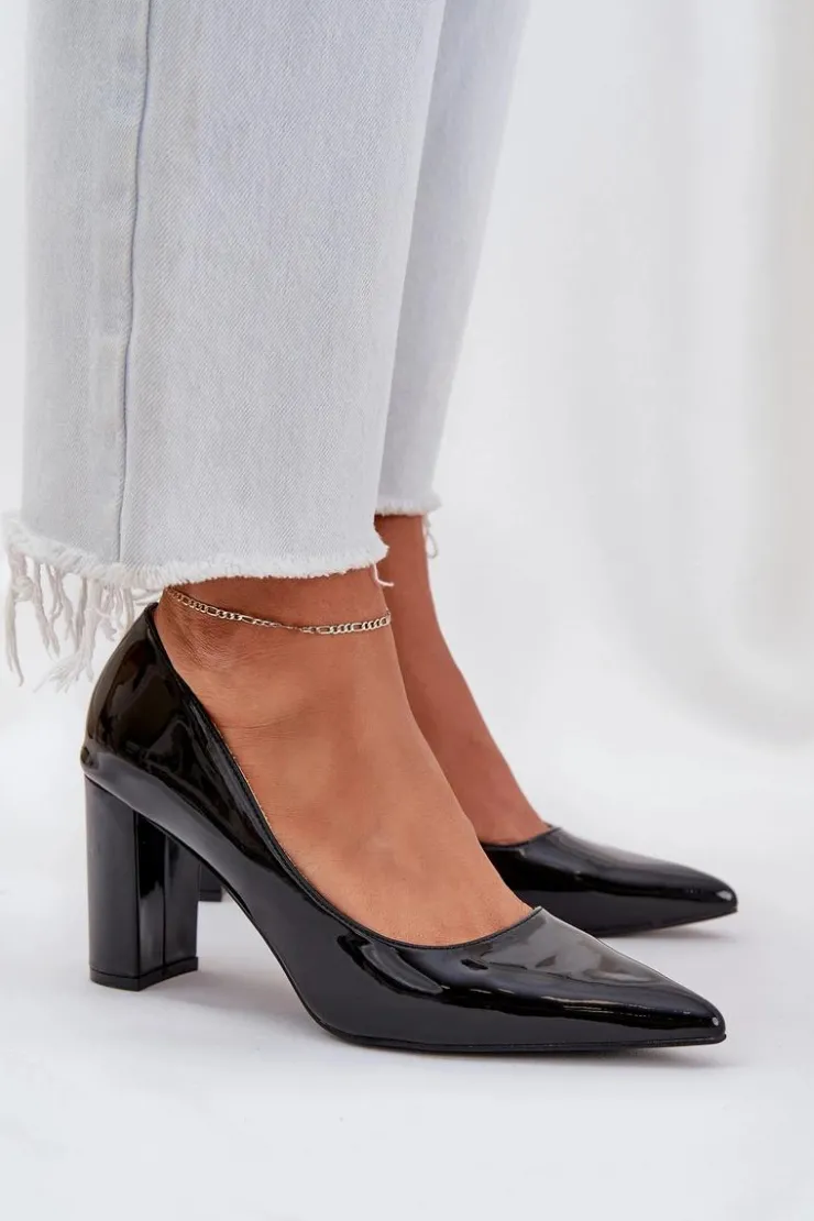Boto Czółenka Klasyczne*Lakierowane Czółenka Na Słupkowym Obcasie Czarne Kilanne Czarny