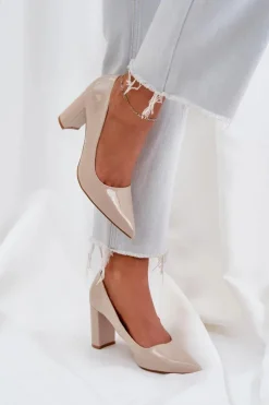 Damskie Boto Lakierowane Czółenka Na Słupkowym Obcasie Beżowe Kilanne