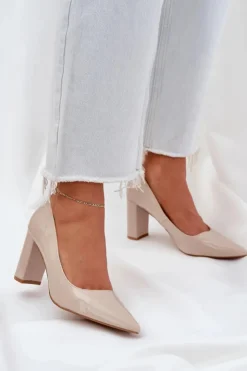 Damskie Boto Lakierowane Czółenka Na Słupkowym Obcasie Beżowe Kilanne