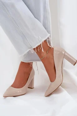 Damskie Boto Lakierowane Czółenka Na Słupkowym Obcasie Beżowe Kilanne