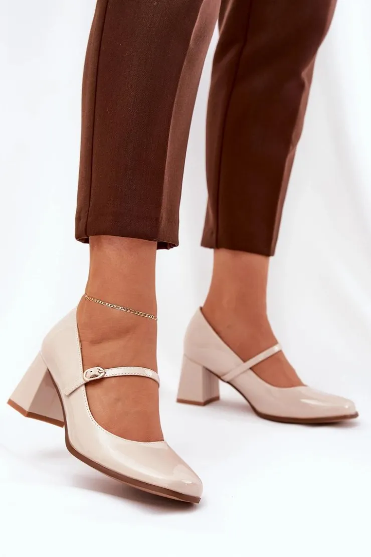 Damskie Boto Lakierowane Czółenka Na Słupku Z Paskiem I Sprzączką Beżowe Tammirea