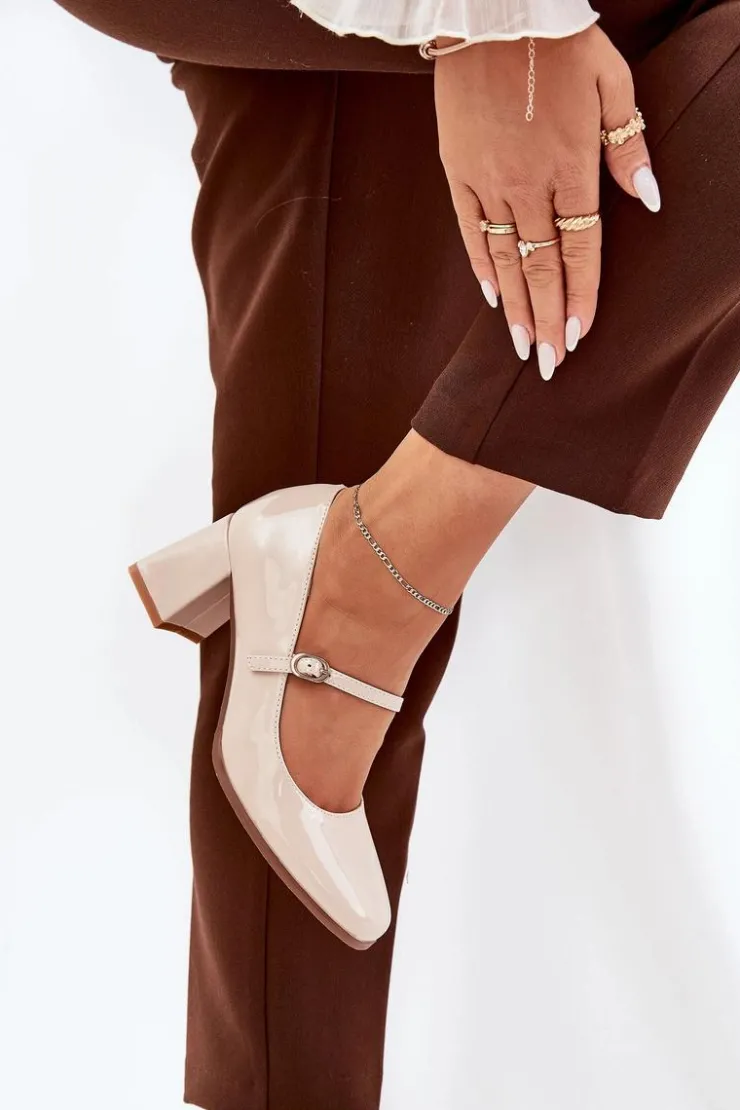 Damskie Boto Lakierowane Czółenka Na Słupku Z Paskiem I Sprzączką Beżowe Tammirea