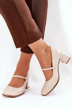 Damskie Boto Lakierowane Czółenka Na Słupku Z Paskiem I Sprzączką Beżowe Tammirea